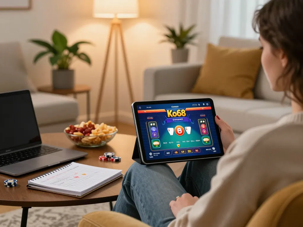 Person enjoying an engaging Ko66 poker game on a tablet in a cozy home environment, showcasing a strategic gaming atmosphere.