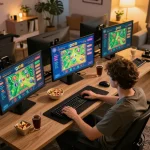 Engaging online gambling moment at go8 with screens showing game interface and strategic setup.