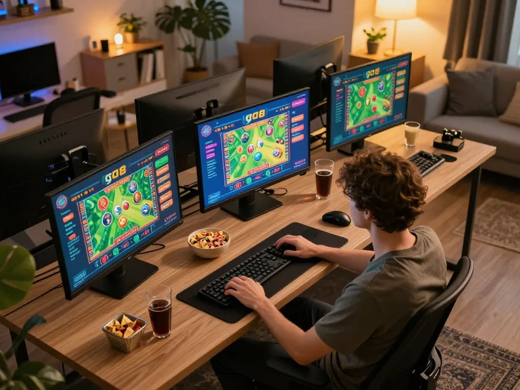 Engaging online gambling moment at go8 with screens showing game interface and strategic setup.