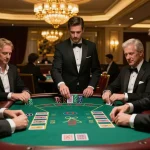 gamebai79 betting strategies at an elegant blackjack table with players in action