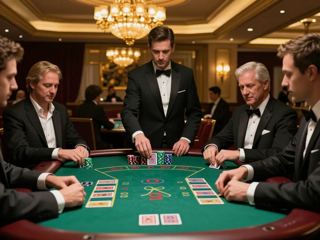 gamebai79 betting strategies at an elegant blackjack table with players in action