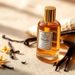 Geparfumeerde fles Vanilla Voyage by Maison Asrar verlicht met warme kleuren en omringd door vanillebonen.
