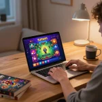 Engaged player enjoying the Sunwin app on laptop, showcasing vibrant online gaming experience at home.