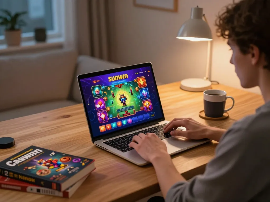 Engaged player enjoying the Sunwin app on laptop, showcasing vibrant online gaming experience at home.