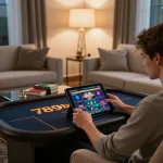 Engaged player enjoying 789bet online casino gaming on tablet in cozy home setup.