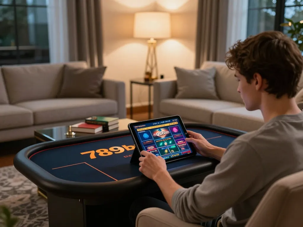 Engaged player enjoying 789bet online casino gaming on tablet in cozy home setup.