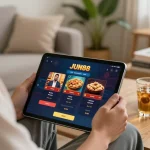 Engaging player uses JUN88 app on tablet for online casino gaming in a cozy living room.
