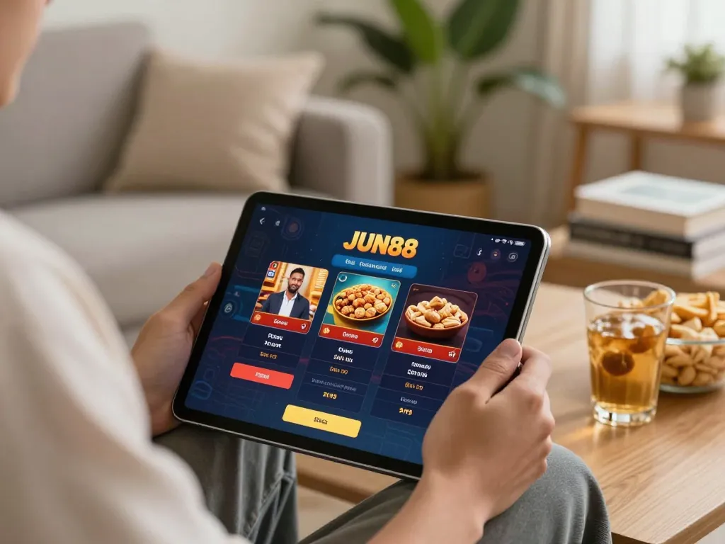 Engaging player uses JUN88 app on tablet for online casino gaming in a cozy living room.