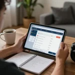 Engaging scene showing a user placing bets on soccer tips using a tablet in a cozy home setting.