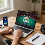 Player enjoying live dealer poker on 11bet1 with a laptop and smartphone in a cozy setting