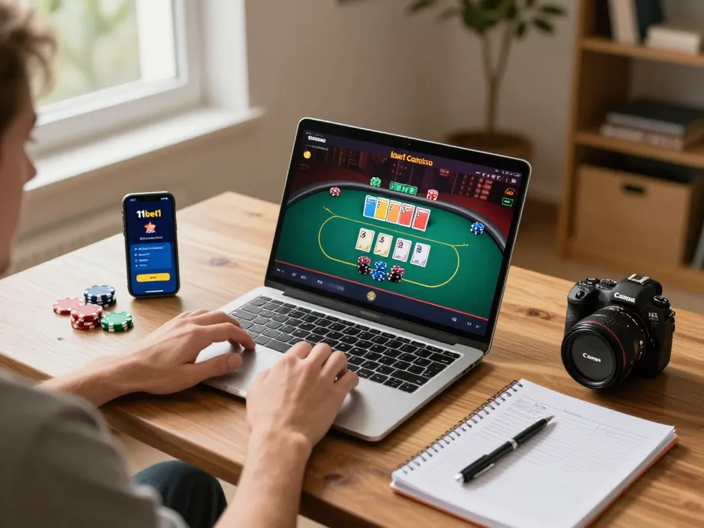 Player enjoying live dealer poker on 11bet1 with a laptop and smartphone in a cozy setting