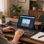 Engage with ku bet in a cozy home gaming atmosphere with tablet and strategic notes.