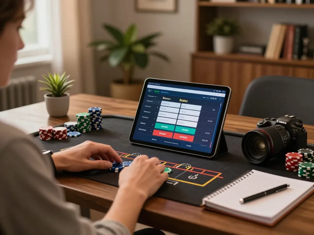 Engage with ku bet in a cozy home gaming atmosphere with tablet and strategic notes.