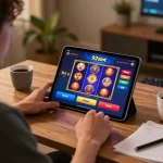 Engaging home scene where a player enjoys 92slot online gaming on a tablet, fostering strategic gameplay.