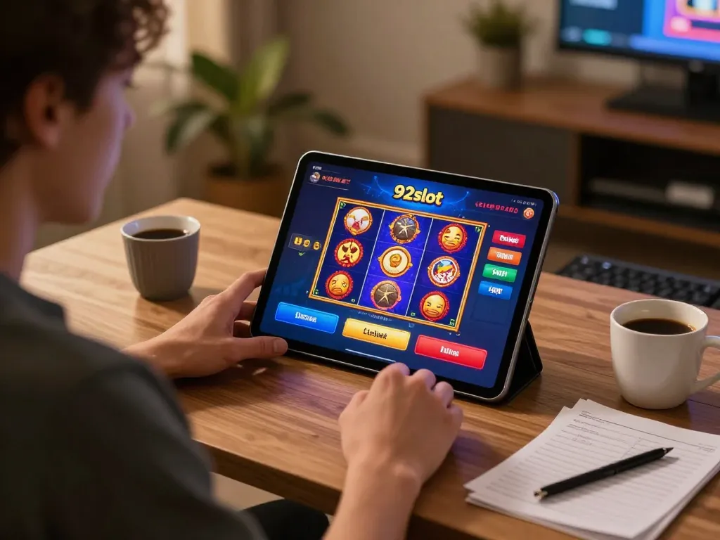 Engaging home scene where a player enjoys 92slot online gaming on a tablet, fostering strategic gameplay.