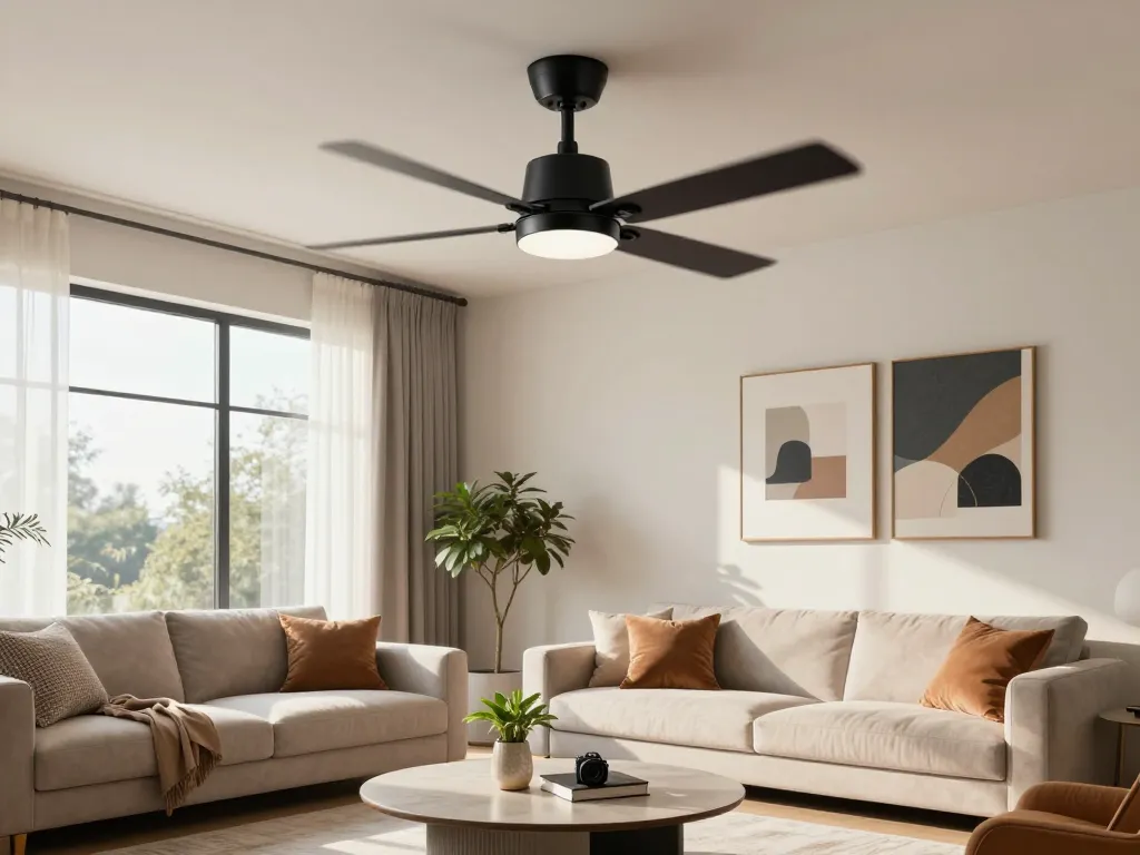 Zwarte plafondventilator die het comfort en de stijl van een moderne woonkamer versterkt.