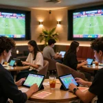 Five88 bettors strategizing in a luxurious sports betting lounge during live matches