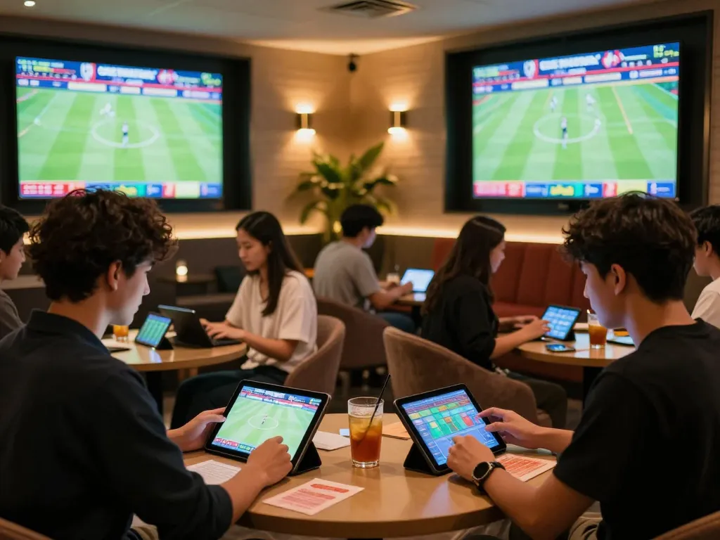 Five88 bettors strategizing in a luxurious sports betting lounge during live matches
