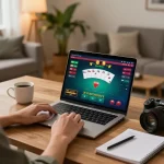 Player enjoying online poker on 678vip ne platform, cozy living room ambiance.