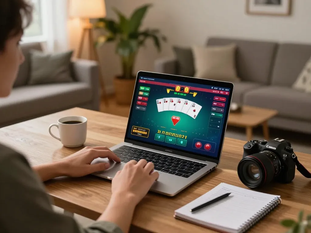 Player enjoying online poker on 678vip ne platform, cozy living room ambiance.