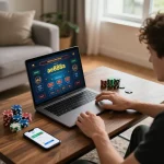 Player engaging with online casino on ae888a app at home, showcasing responsible gambling.