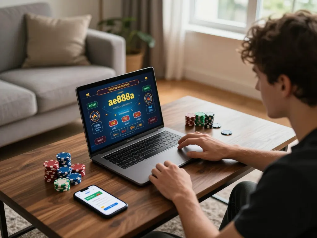 Player engaging with online casino on ae888a app at home, showcasing responsible gambling.