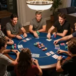 Engaged players enjoying a thrilling Texas Hold'em game at home, showcasing keonhacai 88 strategies and friendly competition.