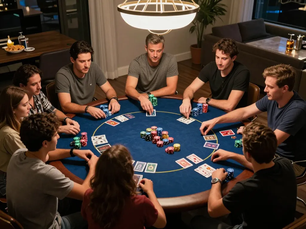 Engaged players enjoying a thrilling Texas Hold'em game at home, showcasing keonhacai 88 strategies and friendly competition.
