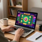 Engaged player enjoying 68 Game BÃ i on laptop, showcasing online gaming excitement and strategy.