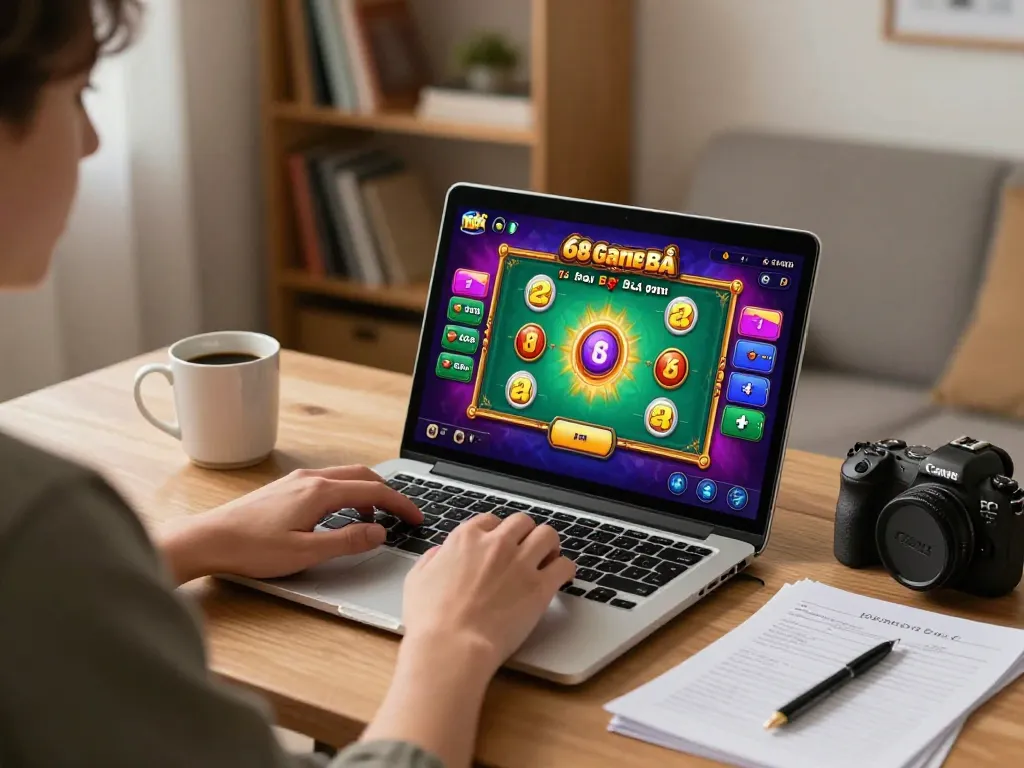 Engaged player enjoying 68 Game Bài on laptop, showcasing online gaming excitement and strategy.