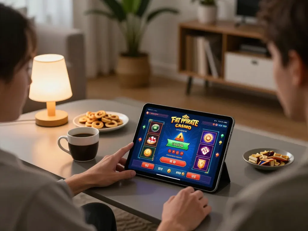 Boeiende scène van Fat Pirate Casino Inloggen op een tablet, die online gokken thuis laat zien