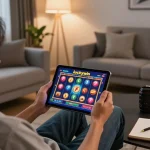 Engaging with luckywin online casino on a tablet in a cozy home environment.