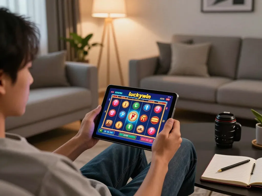 Engaging with luckywin online casino on a tablet in a cozy home environment.
