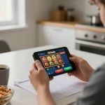 Player enjoying the 555win app on smartphone during a cozy gaming session at home
