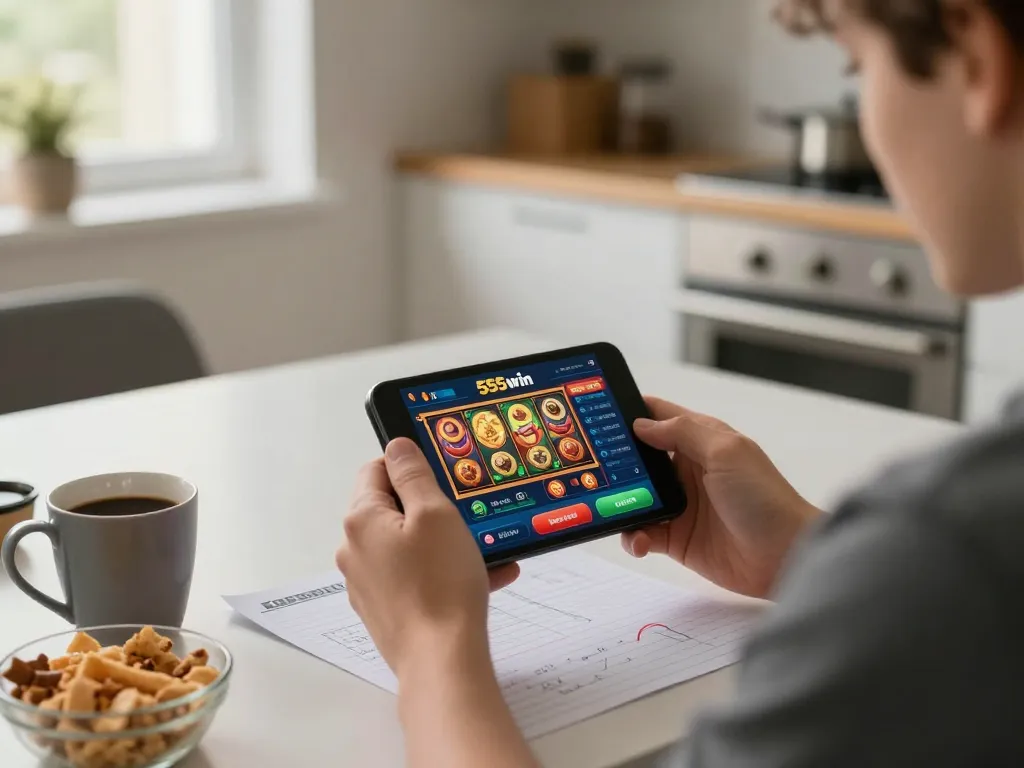 Player enjoying the 555win app on smartphone during a cozy gaming session at home