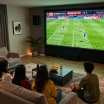 Socolive viewers enjoy intense football matches on a large screen in a cozy home setup.