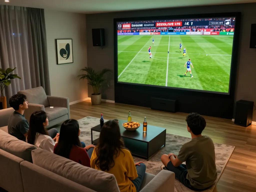 Socolive viewers enjoy intense football matches on a large screen in a cozy home setup.