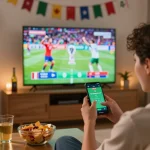 Bettor placing wagers on their smartphone during FIFA World Cup 2026, celebrating with friends.
