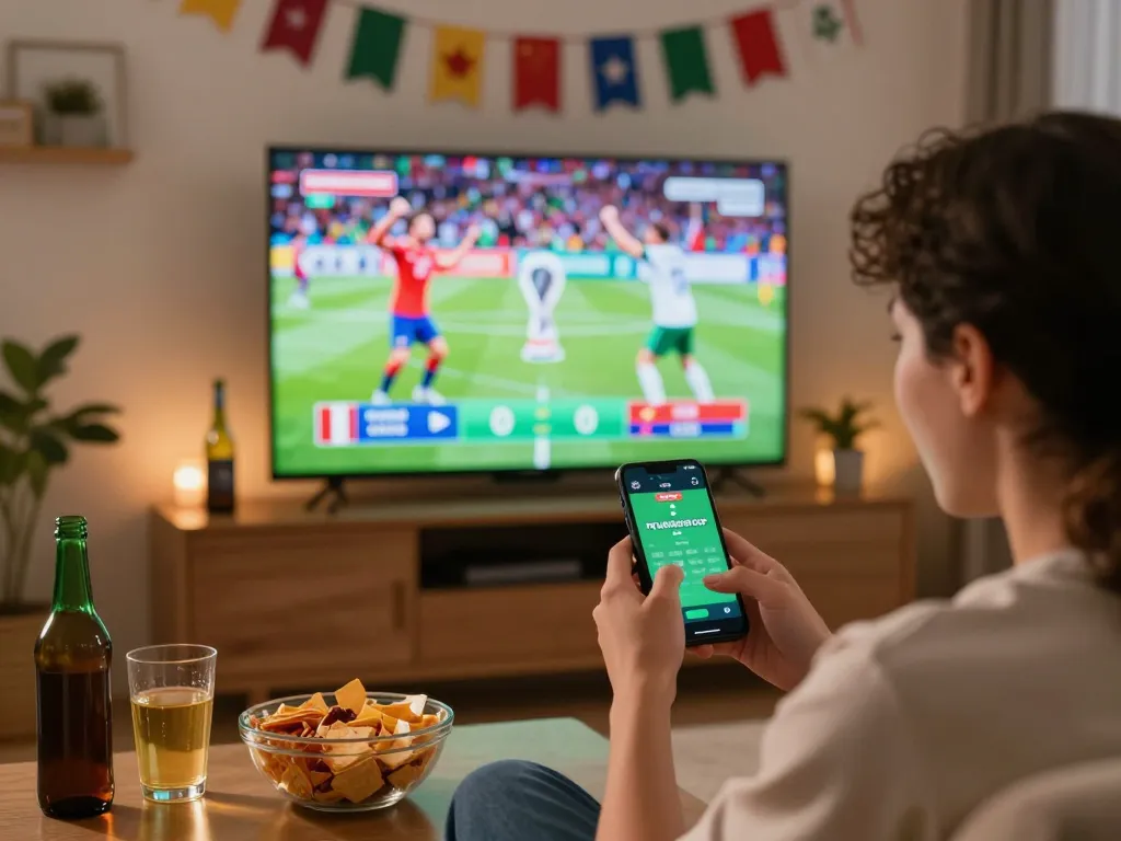 Bettor placing wagers on their smartphone during FIFA World Cup 2026, celebrating with friends.