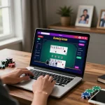 O8 player enjoying online poker strategy on a sleek laptop at home.