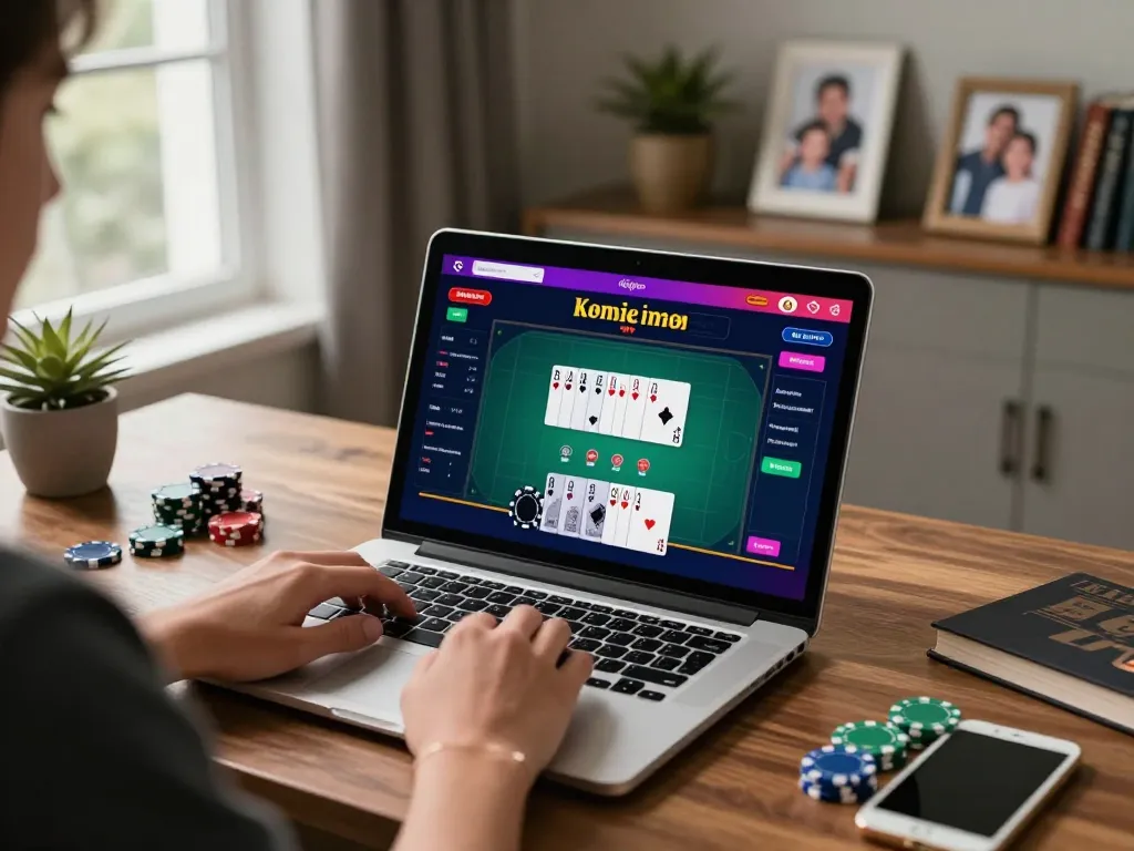O8 player enjoying online poker strategy on a sleek laptop at home.
