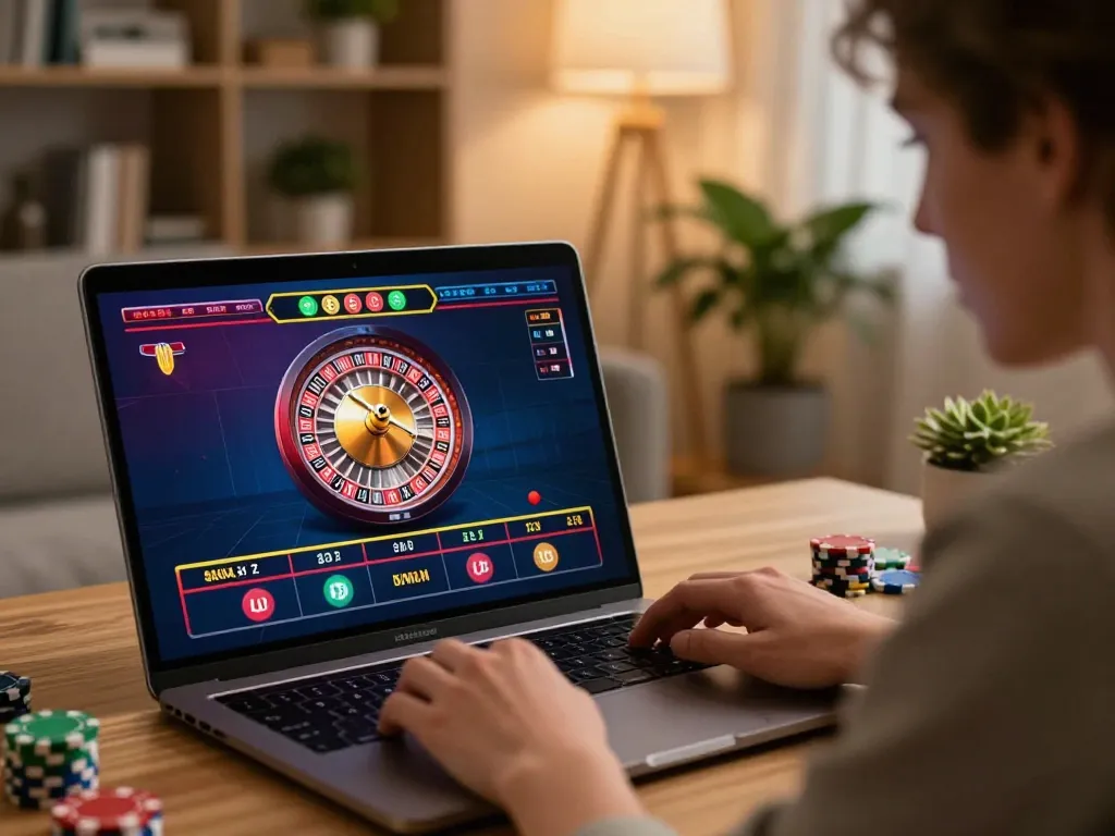 Player engages in online casino action at O8, with roulette wheel visible on screen