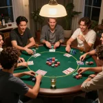 Friends enjoying a lively Texas Hold'em game at home with Go8-themed poker chips and snacks.