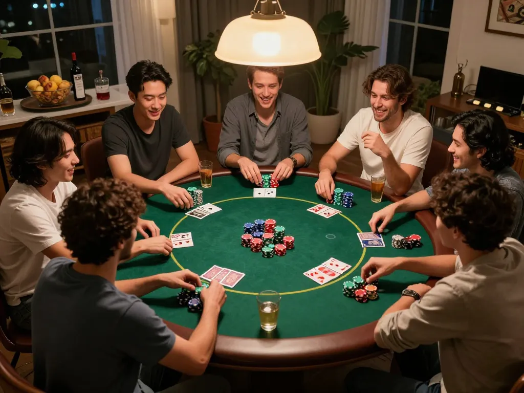 Friends enjoying a lively Texas Hold'em game at home with Go8-themed poker chips and snacks.