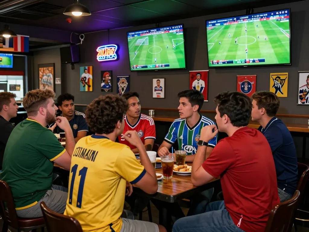 Group of friends enjoying live football matches while checking tỷ lệ kèo bóng đá at a lively sports bar.