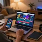 s8bet players enjoying online casino games in a cozy home office atmosphere.