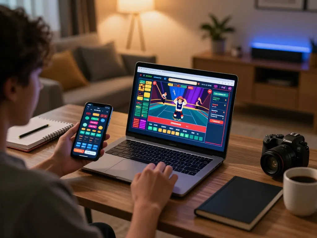 s8bet players enjoying online casino games in a cozy home office atmosphere.