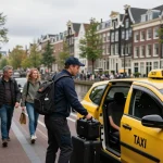 Taxi Amsterdam chauffeur helpt passagiers met bagage nabij iconische grachten.