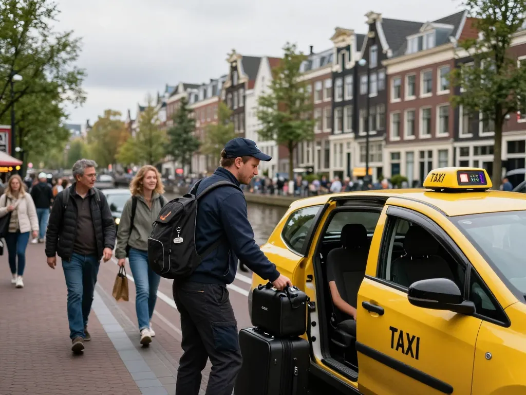Taxi Amsterdam chauffeur helpt passagiers met bagage nabij iconische grachten.