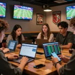 Engaging sports betting atmosphere at 888newbet with friends analyzing odds and placing wagers.